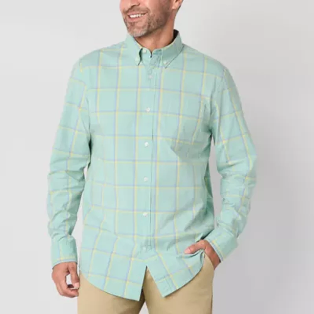 St. John's Bay Stretch Poplin Mens Long Sleeve Cuffed Classic Fit Button-Down Shirt