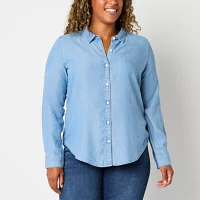Liz Claiborne Womens Long Sleeve Cuffed Regular Fit Button-Down Shirt