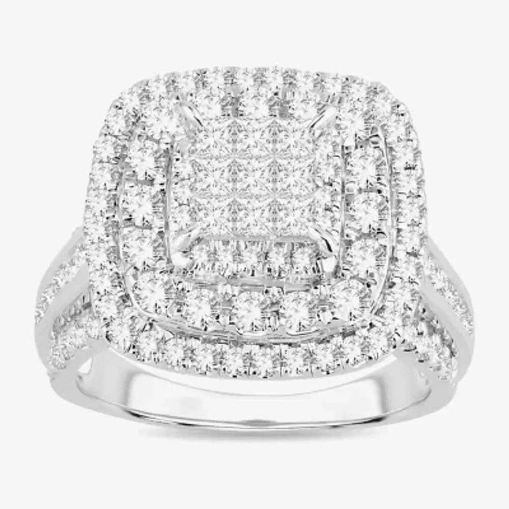 Signature By Modern Bride Womens 2 CT. T.W. Natural White Diamond 10K Gold Cushion Side Stone Halo Engagement Ring