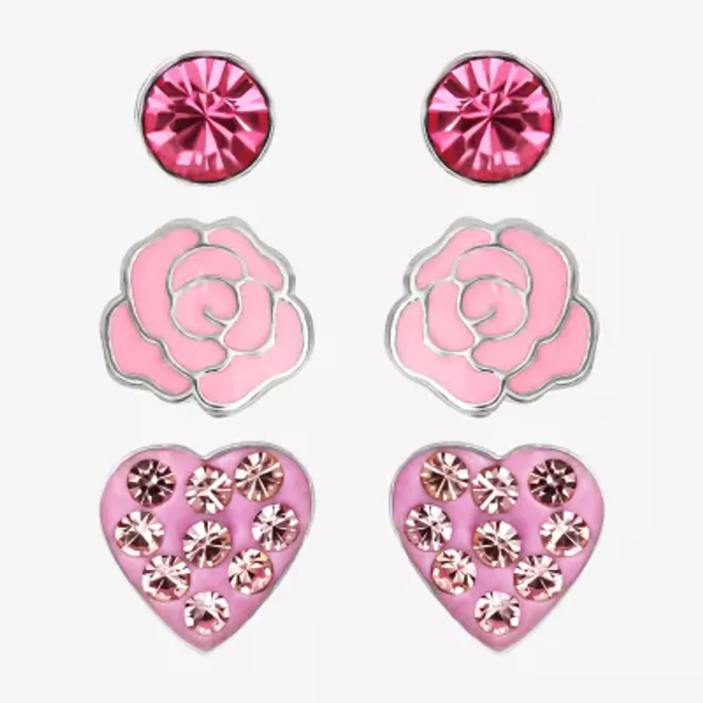 Girls Pink Crystal Sterling Silver Flower Heart Round 3 Pair Earring Set