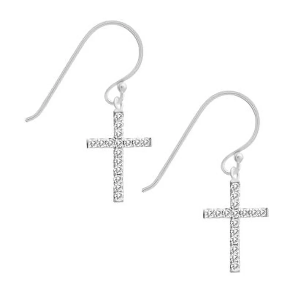 Silver Treasures Womens Cubic Zirconia Sterling Silver Cross Hypoallergenic Drop Earrings