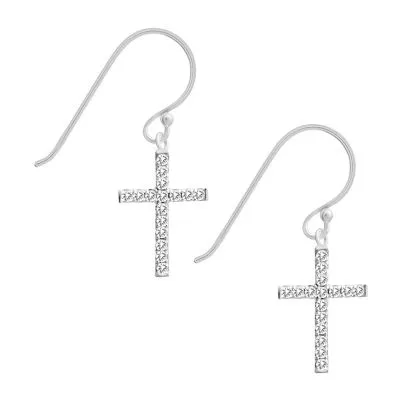 Silver Treasures Womens Cubic Zirconia Sterling Silver Cross Hypoallergenic Drop Earrings