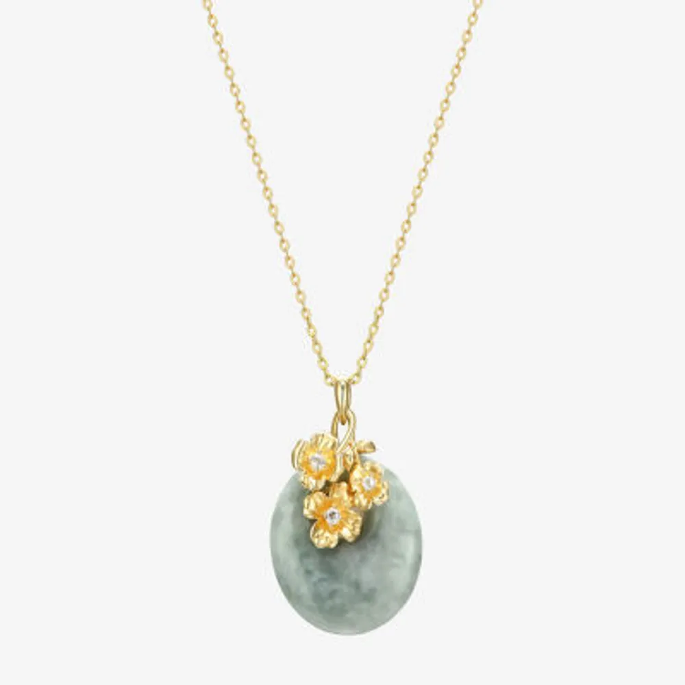 Womens Genuine Green Jade 18K Gold Over Silver Flower 18 Inch Pendant Necklace
