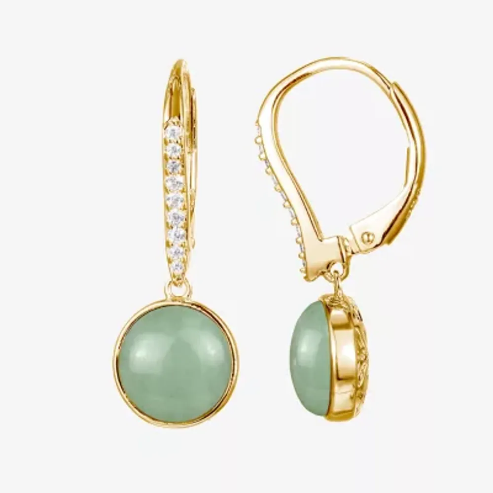 Womens Genuine Green Jade 18K Gold Over Silver Round Drop Earrings