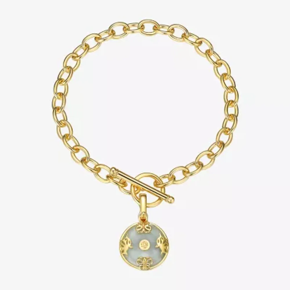 Good Fortune Womens Genuine Green Jade 18K Gold Over Silver Round Charm Bracelet