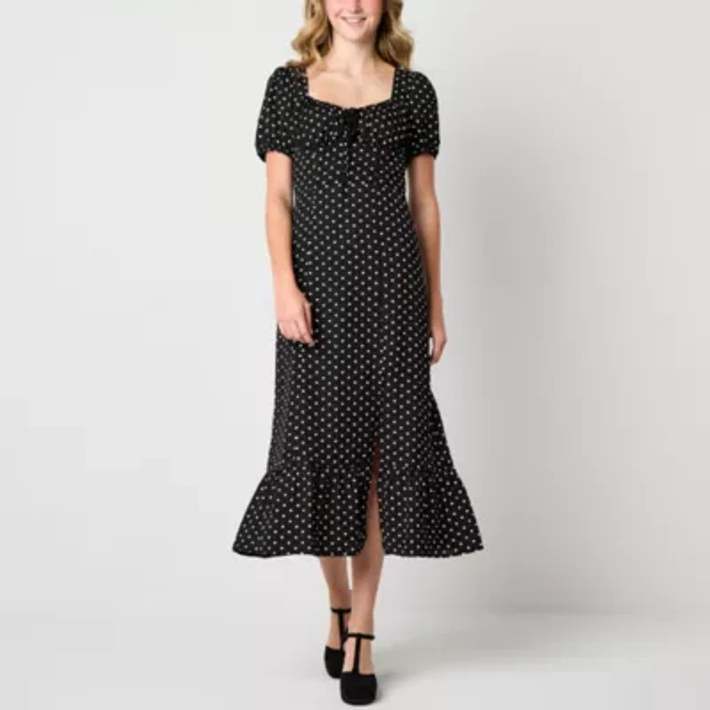 by&by Womens Short Sleeve Dots Midi Juniors Fit + Flare Dress