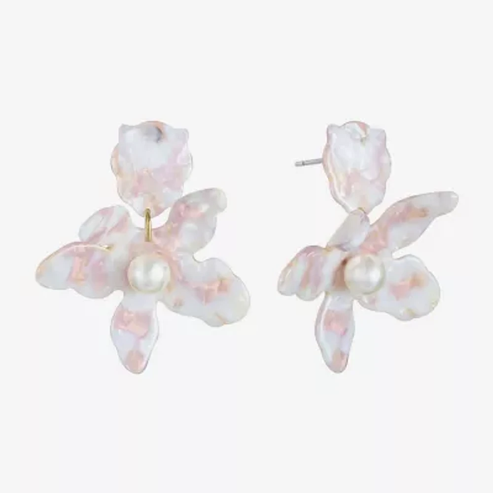 Bijoux Bar Gold Tone Womens Simulated Pearl Flower Hypoallergenic Drop Earrings