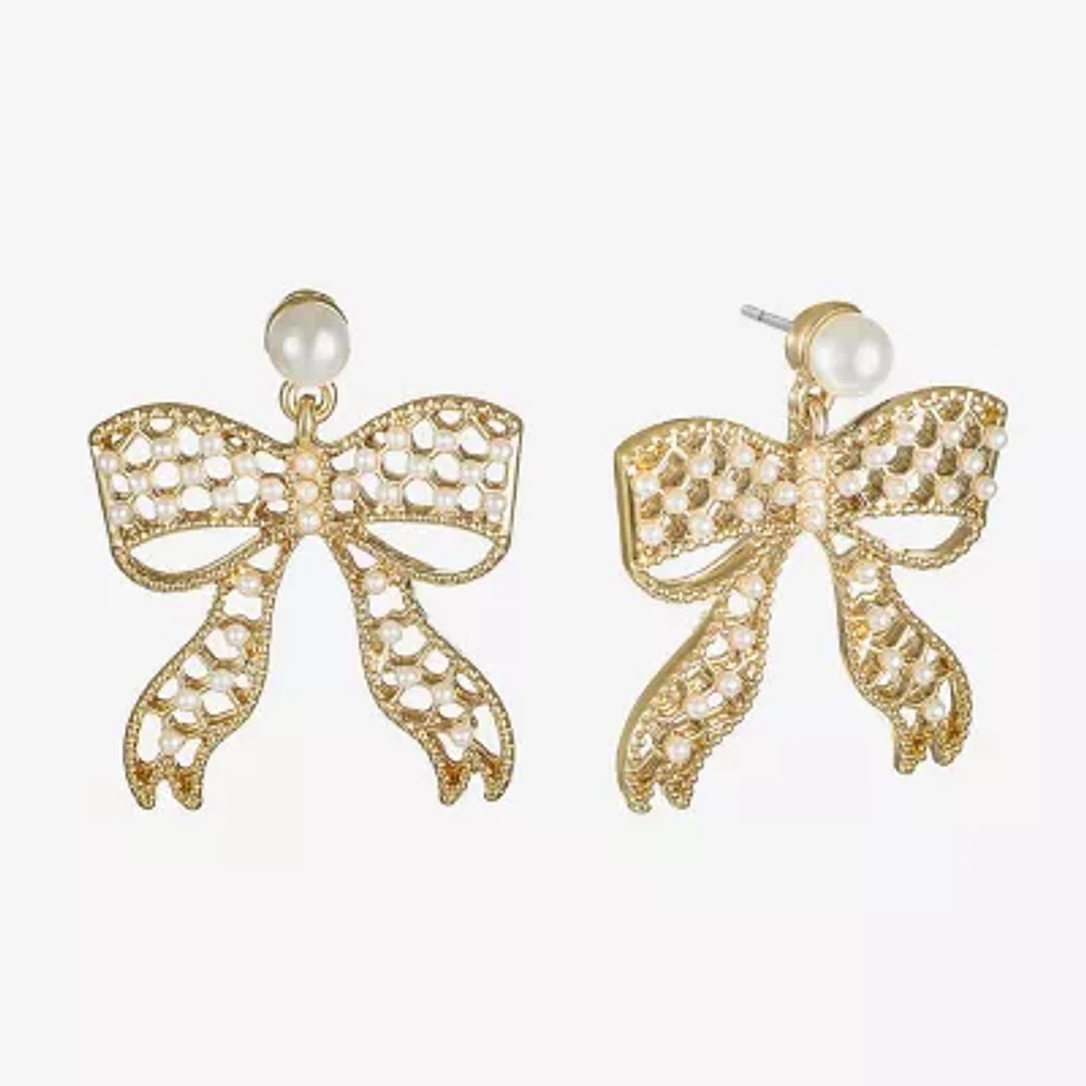 Bijoux Bar Gold Tone Womens Simulated Pearl Bow Hypoallergenic Drop Earrings