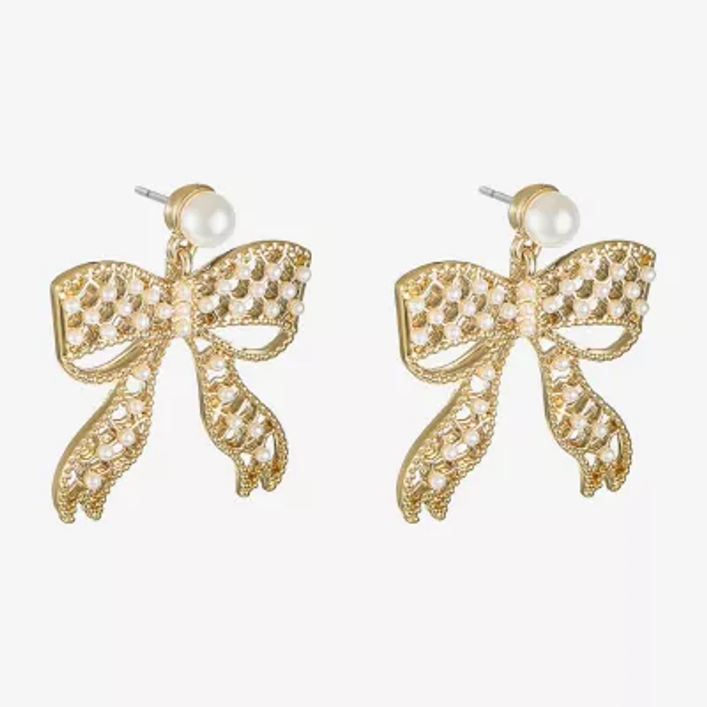 Bijoux Bar Gold Tone Womens Simulated Pearl Bow Hypoallergenic Drop Earrings
