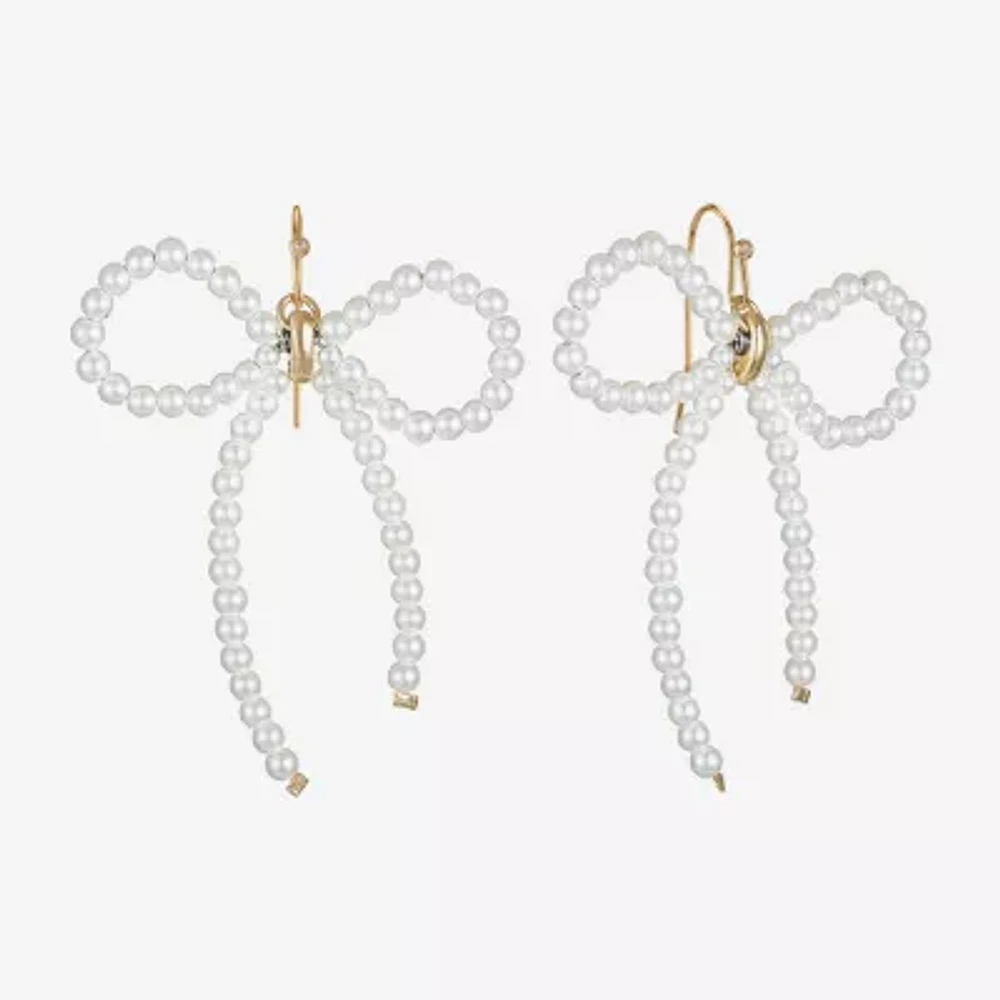 Bijoux Bar Gold Tone Womens Simulated Pearl Bow Drop Earrings