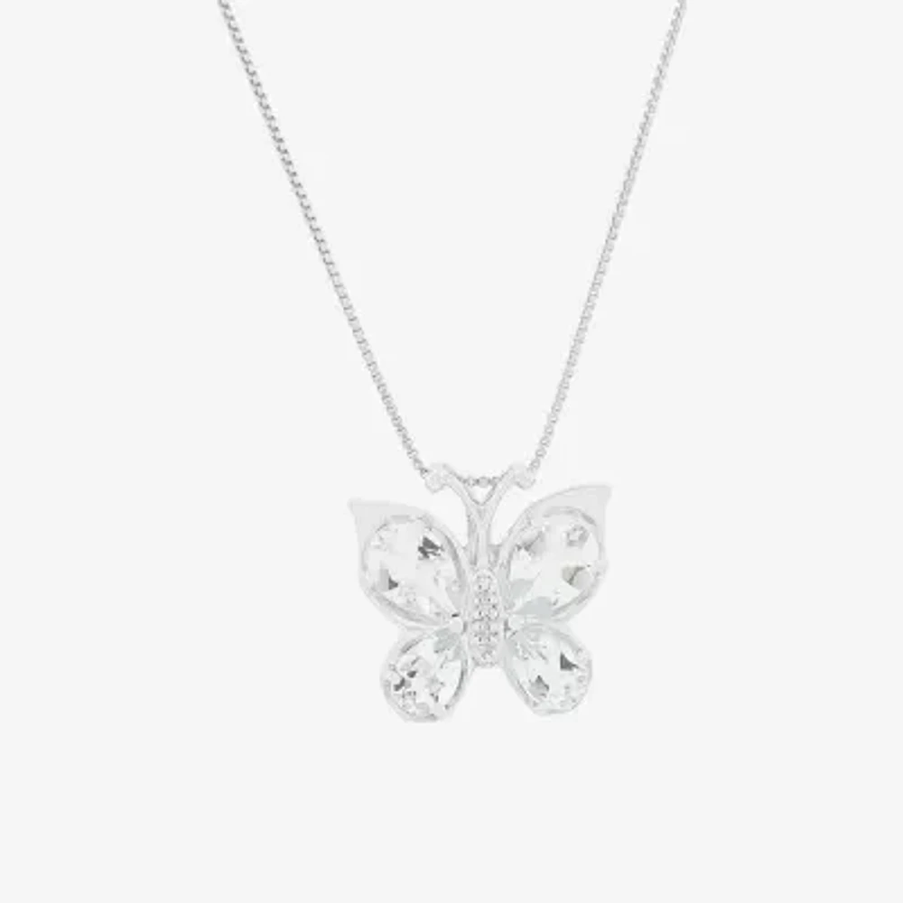 Womens Diamond Accent Genuine Blue Aquamarine Sterling Silver Butterfly 18 Inch Pendant Necklace