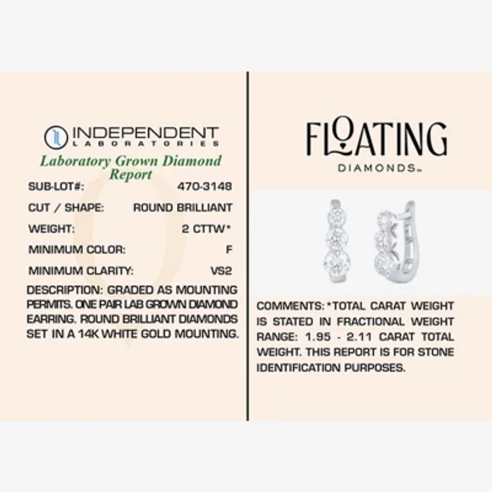 Floating Diamonds (F / Vs2) Womens 2 CT. T.W. Lab Grown White Diamond 14K White Gold 16.1mm Hoop Earrings