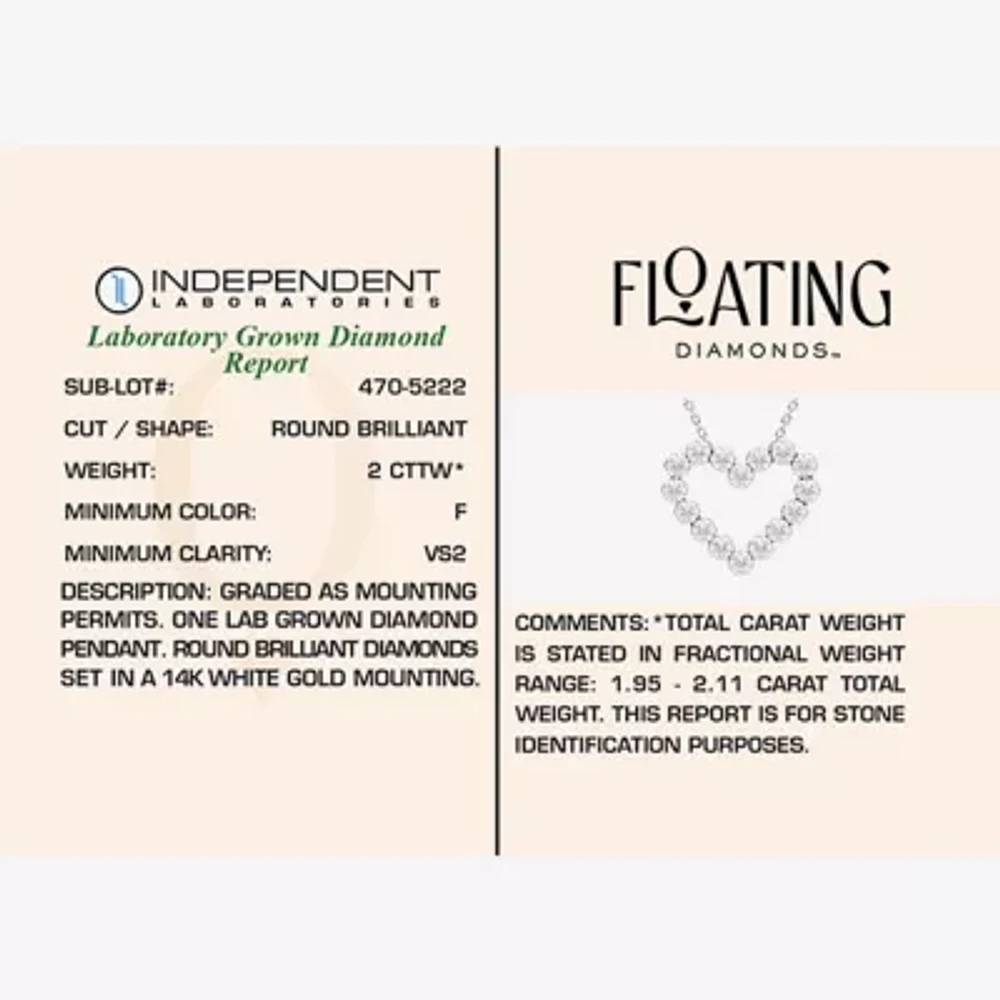 Floating Diamonds (F / Vs2) Womens 2 CT. T.W. Lab Grown White Diamond 14K White Gold Heart 18 Inch Pendant Necklace