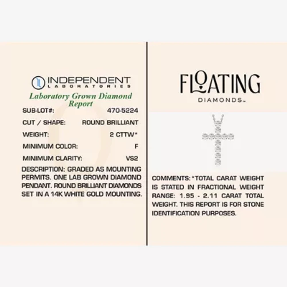 Floating Diamonds (F / Vs2) Womens 2 CT. T.W. Lab Grown White Diamond 14K White Gold Cross 18 Inch Pendant Necklace