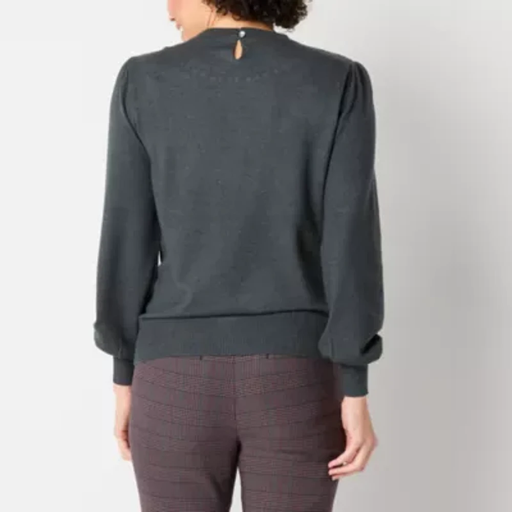 Liz Claiborne Womens Crew Neck Embellished Long Sleeve Pullover Sweater