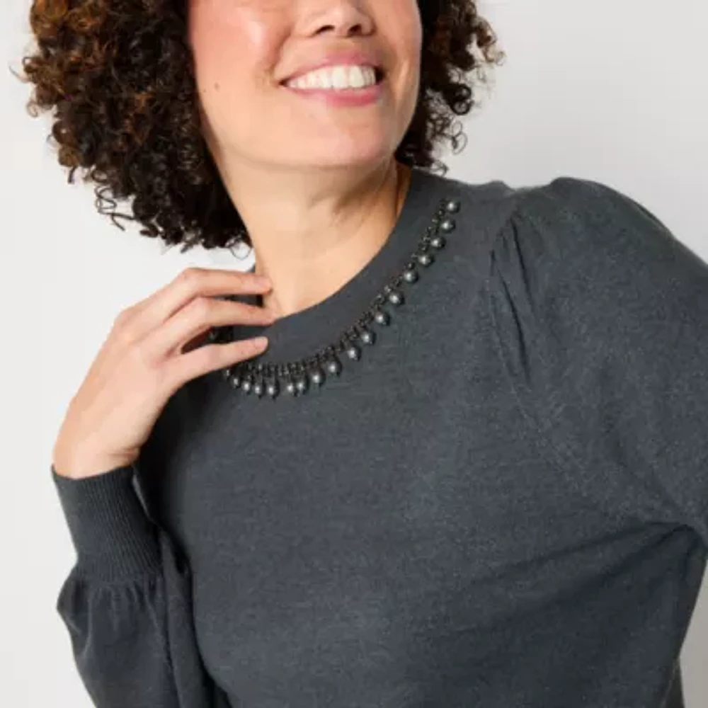 Liz Claiborne Womens Crew Neck Embellished Long Sleeve Pullover Sweater