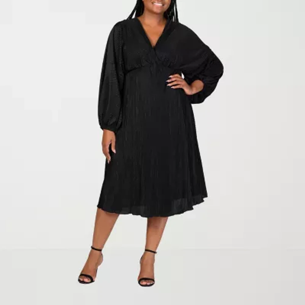 24seven Comfort Apparel Womens Long Sleeve Midi Plus A-Line Dress