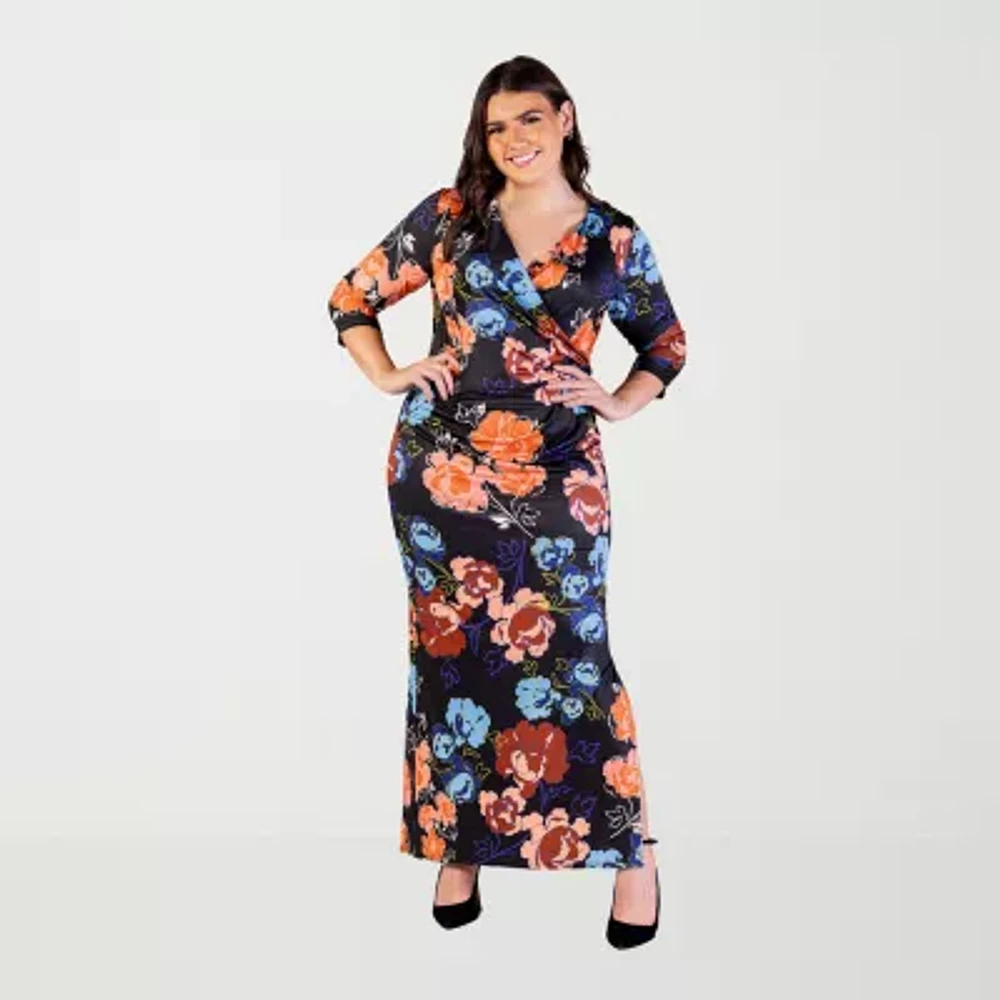 24seven Comfort Apparel Womens Elbow Sleeve Floral Plus Maxi Dress