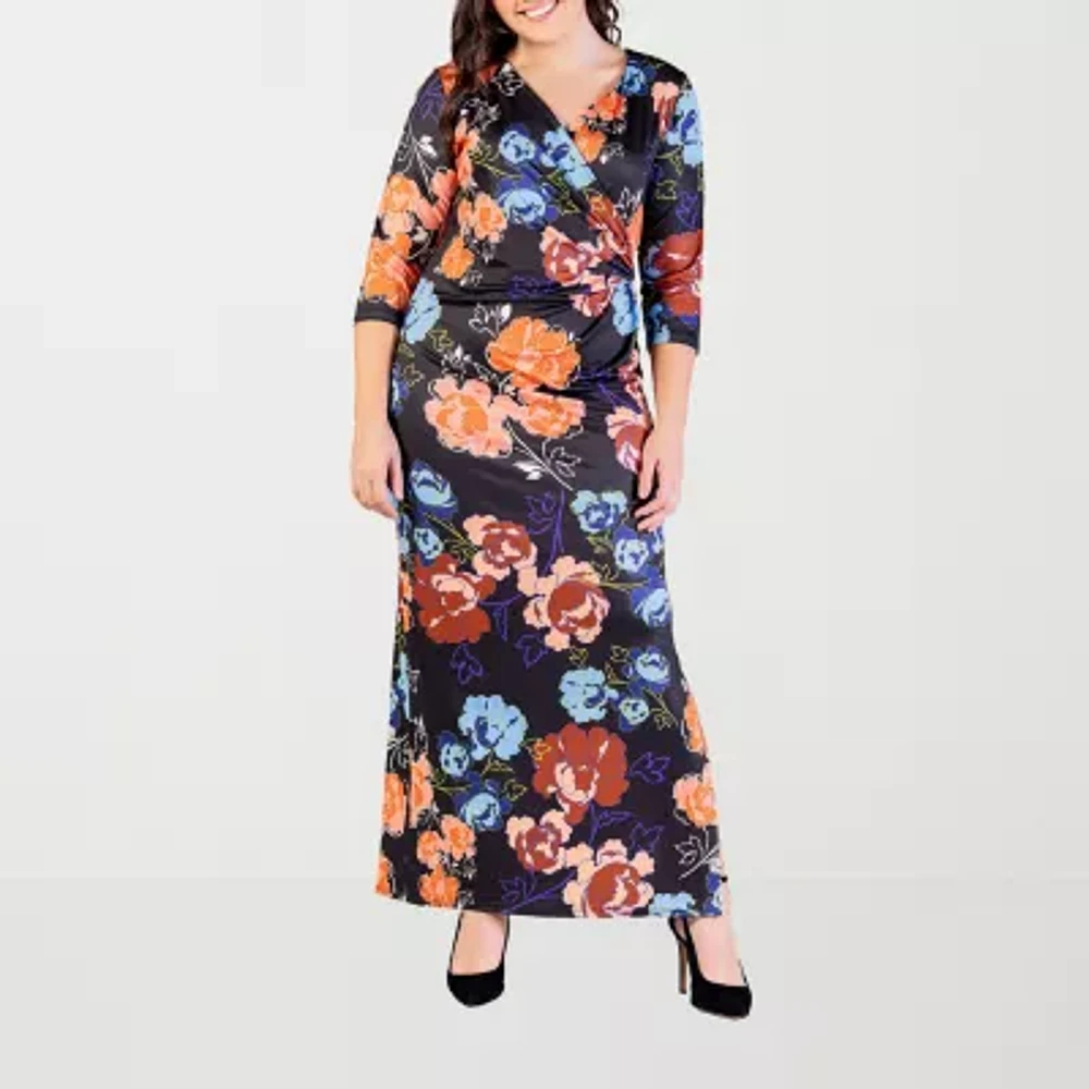 24seven Comfort Apparel Womens Elbow Sleeve Floral Plus Maxi Dress