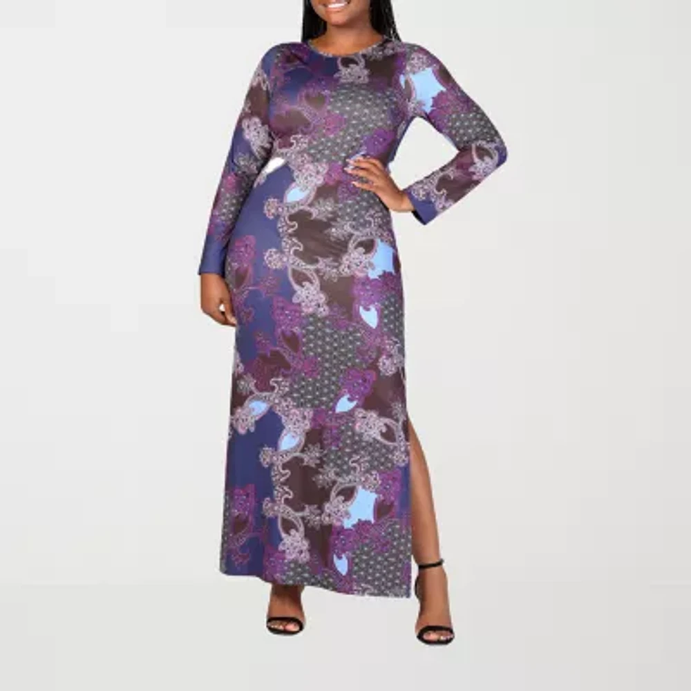 24seven Comfort Apparel Womens Long Sleeve Paisley Plus Maxi Dress