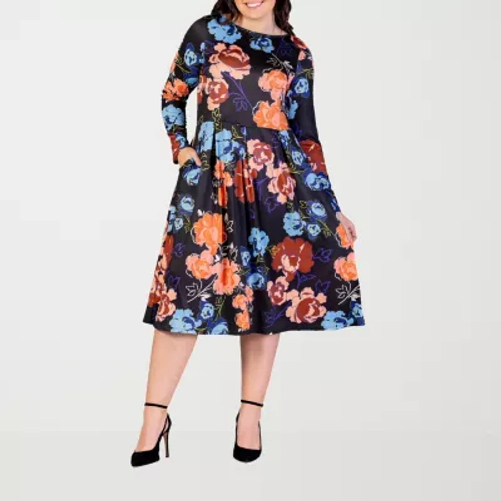 24seven Comfort Apparel Womens Long Sleeve Paisley Midi Plus Fit + Flare Dress