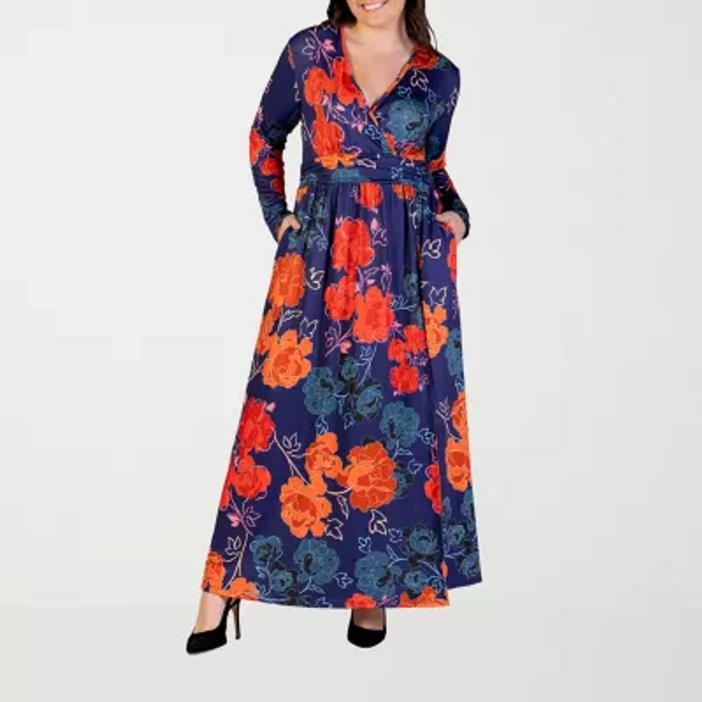 24seven Comfort Apparel Womens Long Sleeve Floral Plus Maxi Dress