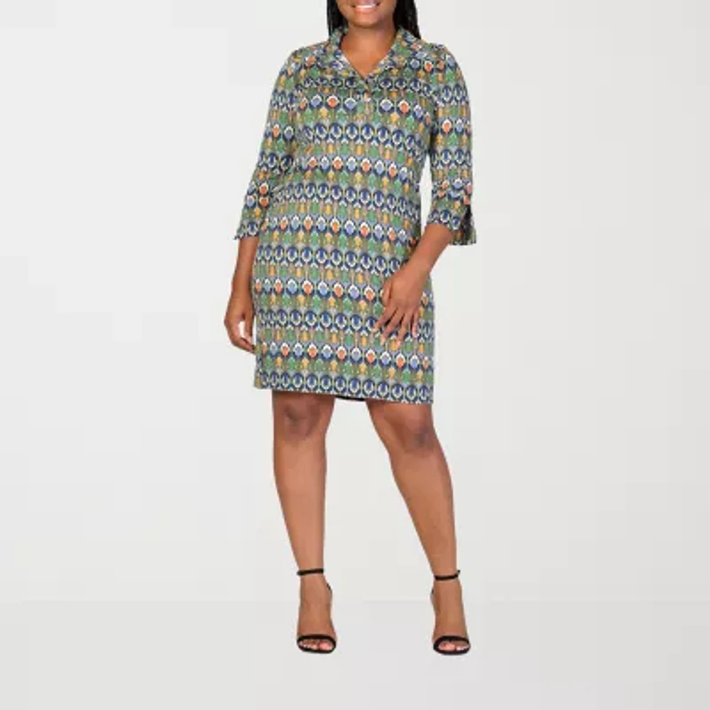 24seven Comfort Apparel Womens 3/4 Sleeve Geometric Plus Shift Dress