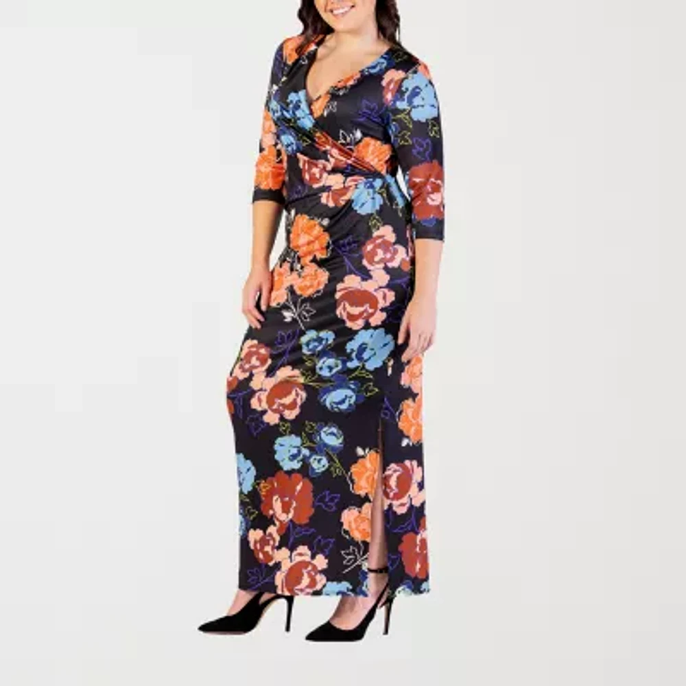 24seven Comfort Apparel Womens Elbow Sleeve Floral Plus Maxi Dress