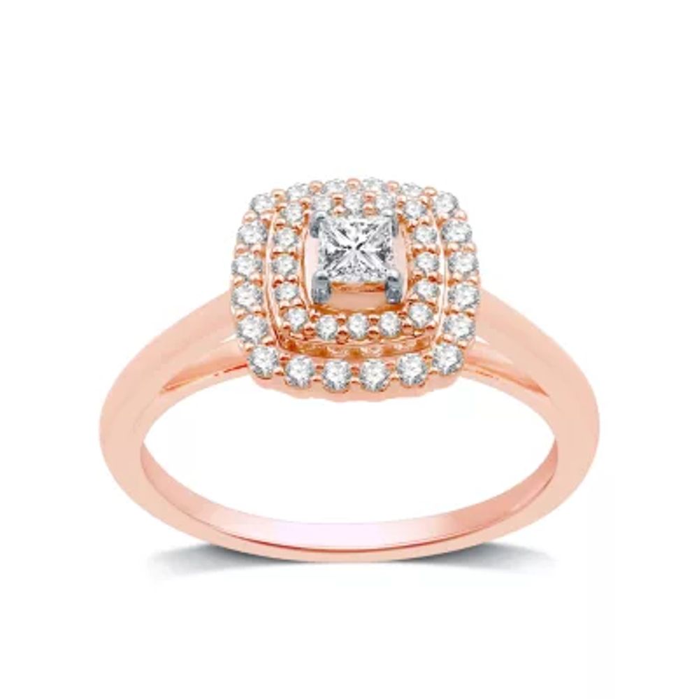 Womens 1/2 CT. T.W. Natural White Diamond 10K Rose Gold Cushion Halo Engagement Ring