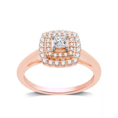 Womens 1/2 CT. T.W. Natural White Diamond 10K Rose Gold Cushion Halo Engagement Ring
