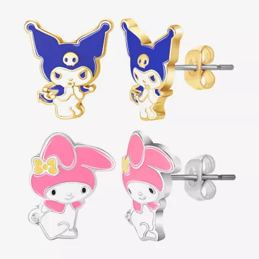 Womens 18K Gold Over Brass Hello Kitty Kuromi My Melody 2 Pair Earring Set
