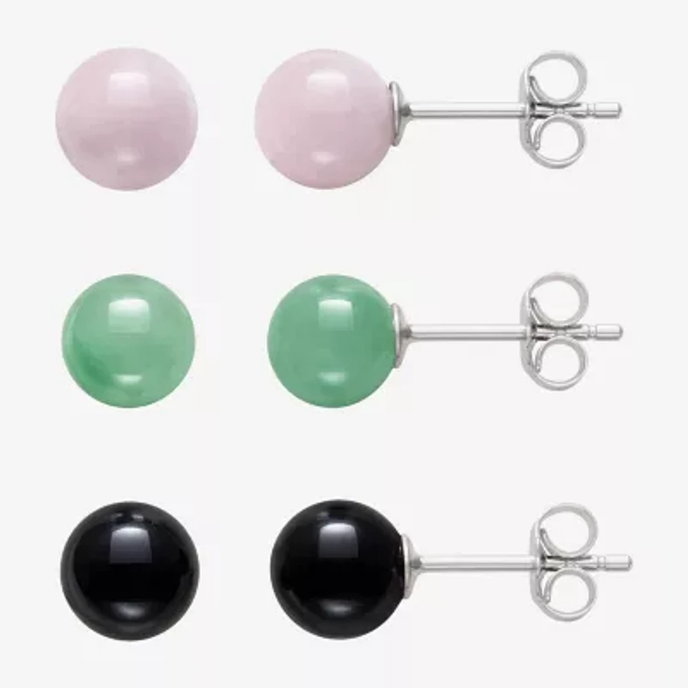 Genuine Pink Quartz, Green Jade & Black Onyx Sterling Silver Earring Set