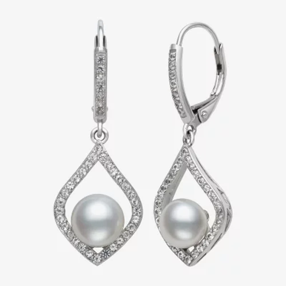 Womens White Cultured Freshwater Pearl Sterling Silver Diamond Pear Drop Earrings