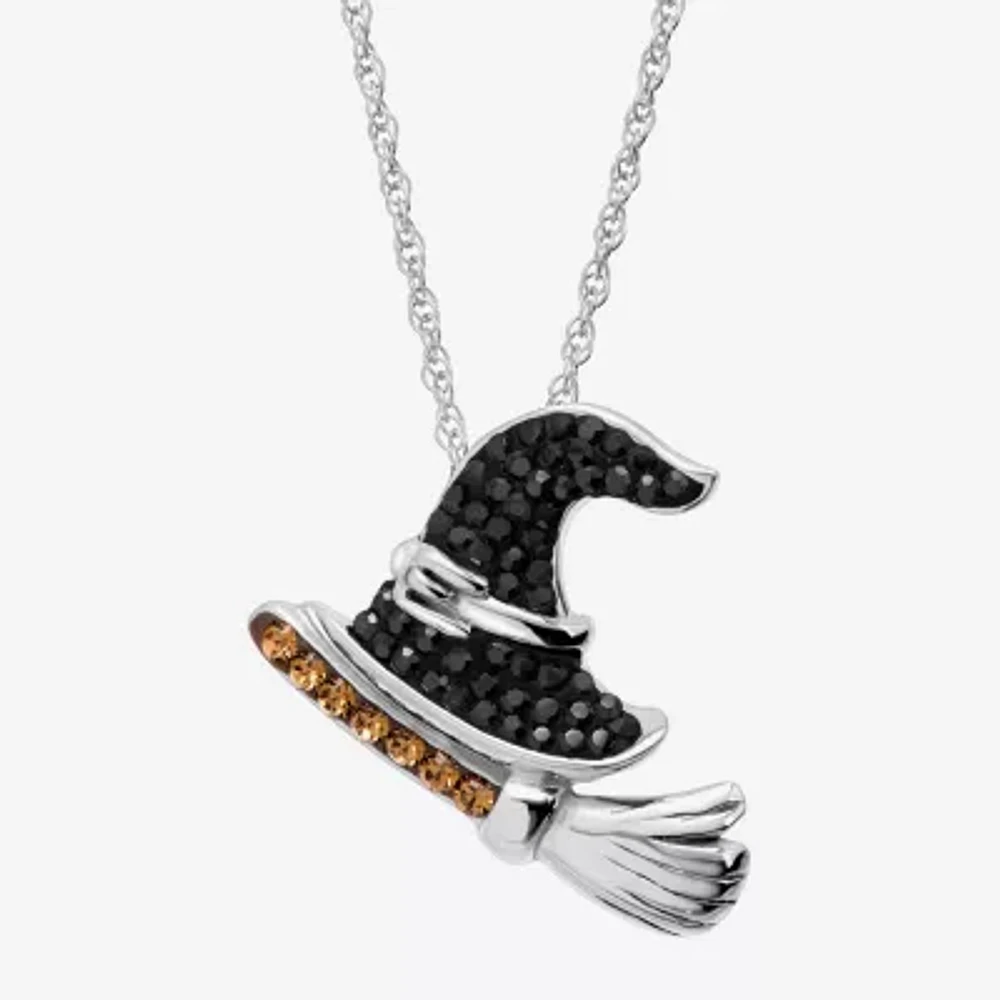 Witch Hat Womens Black Crystal Sterling Silver 18 Inch Pendant Necklace