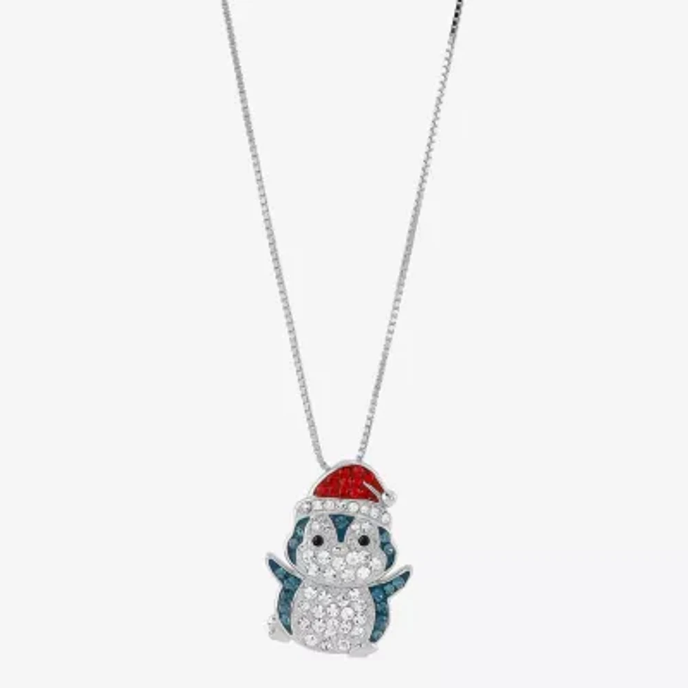 Limited Quantities! Christmas Penguin Womens Multi Color Crystal Sterling Silver 18 Inch Pendant Necklace