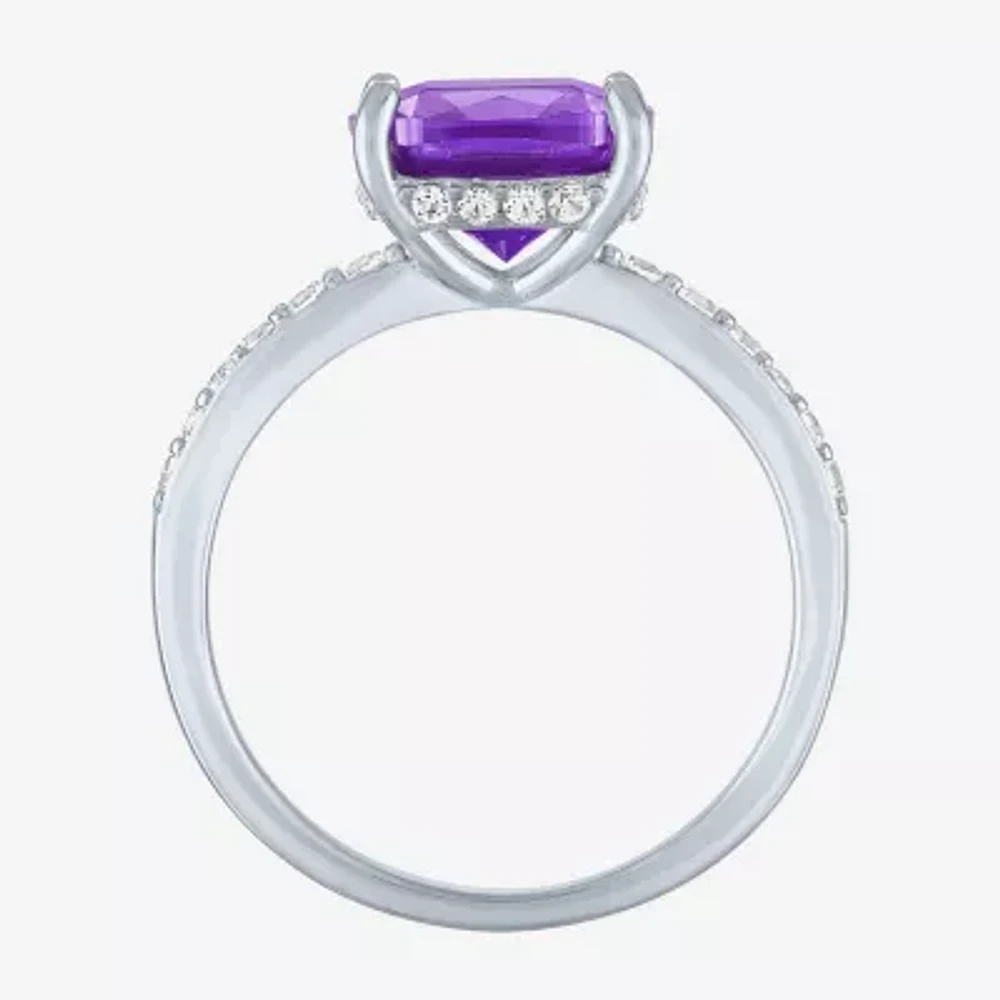 Womens Lab Created Gemstone Sterling Silver Side Stone Solitaire Cushion Cocktail Ring