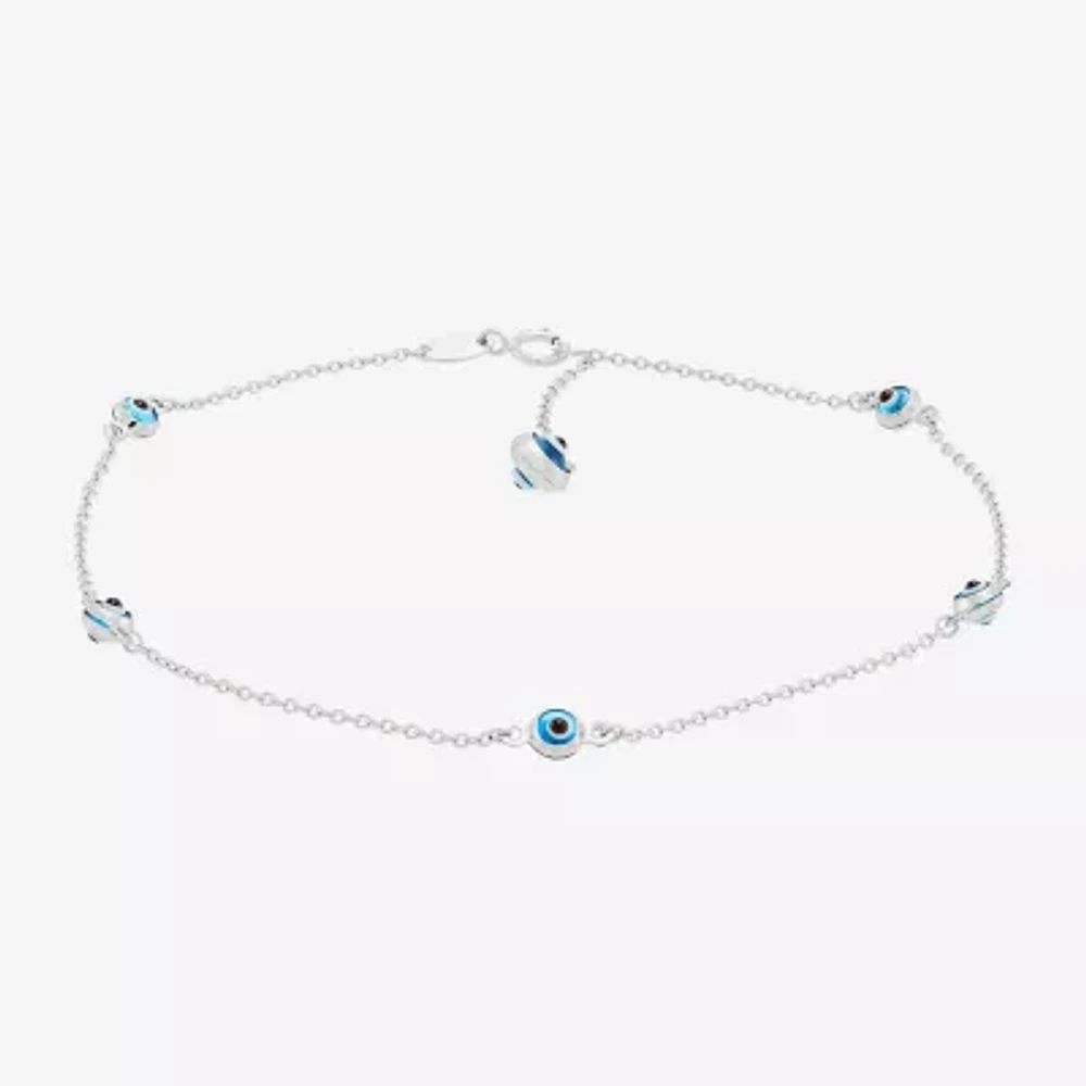 Womens 14K White Gold 10 Inch Link Evil Eye Ankle Bracelet