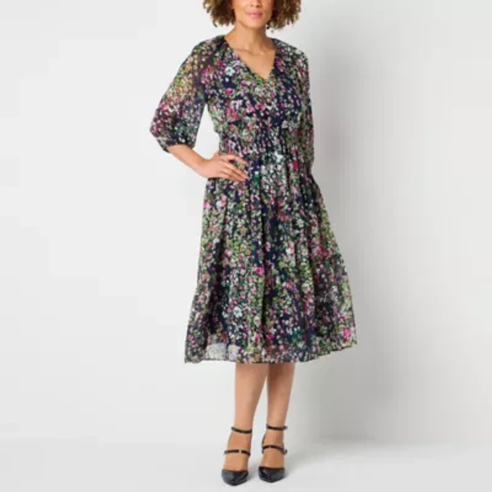 Danny & Nicole Womens 3/4 Sleeve Floral Midi Fit + Flare Dress