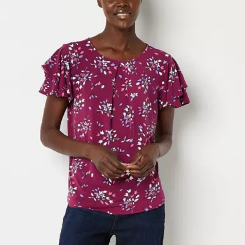 Liz Claiborne Womens Crew Neck Short Sleeve Blouse