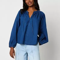 a.n.a Soft Drape Womens Split Tie Neck Long Sleeve Blouse