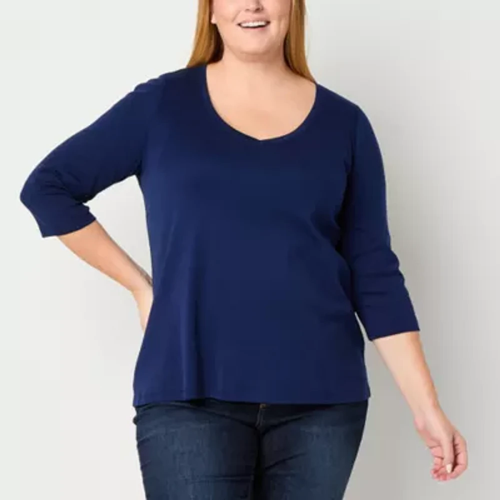 St. John's Bay Womens Easy-on + Easy-off V Neck 3/4 Sleeve Adaptive Plus T-Shirt