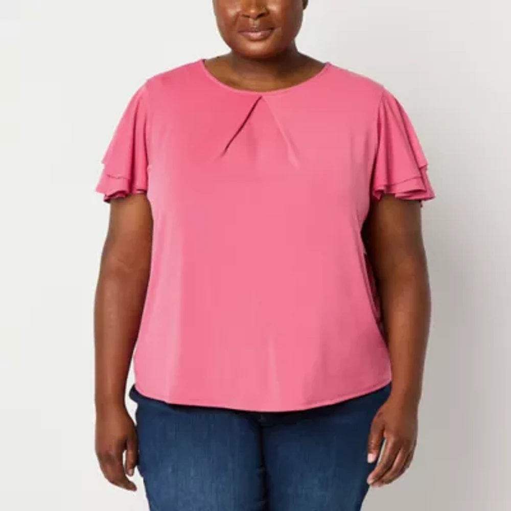 Liz Claiborne Womens Crew Neck Short Sleeve Plus Blouse