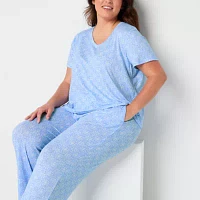 Jaclyn Womens V-Neck Short Sleeve 2-pc. Plus Pajama Sets