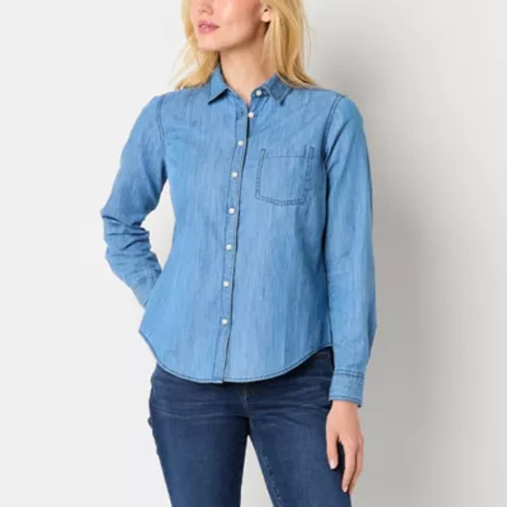 St. John's Bay Womens Long Sleeve Cuffed Sleeve Regular Fit Petite Button-Down Shirt