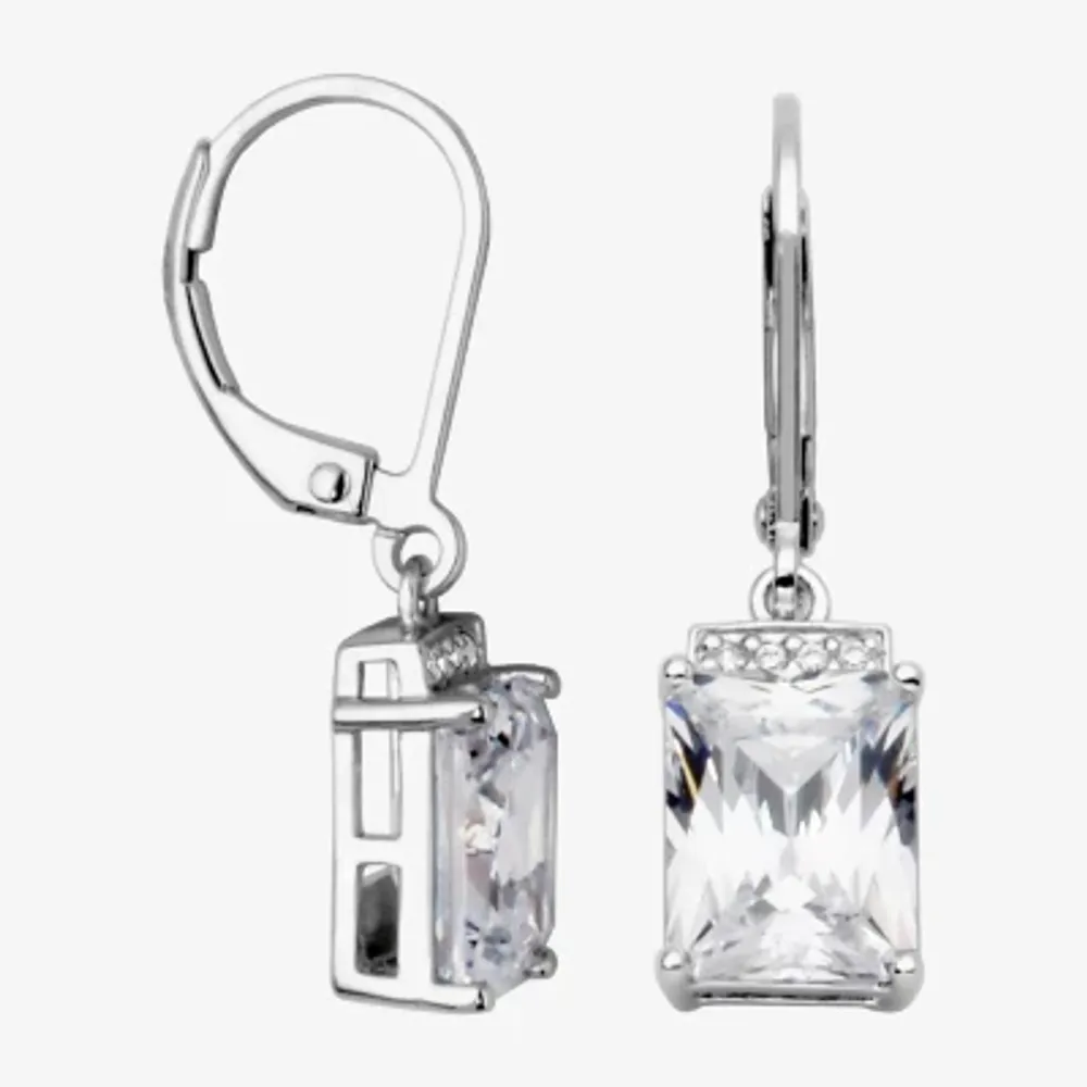 Womens Cubic Zirconia Sterling Silver Rectangular Drop Earrings