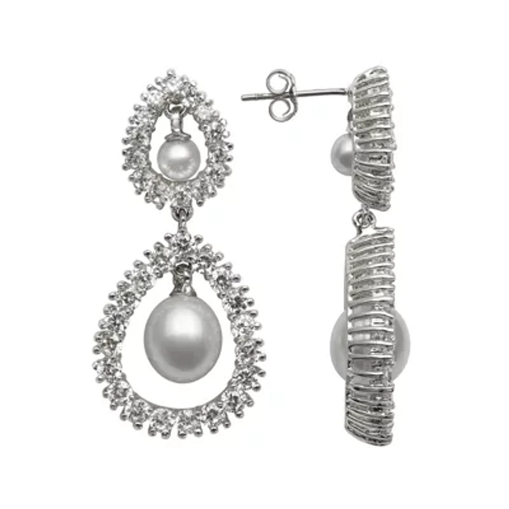 Silver Over Brass Cultured Freshwater Pearl and Cubic Zirconia Bridal Earrings