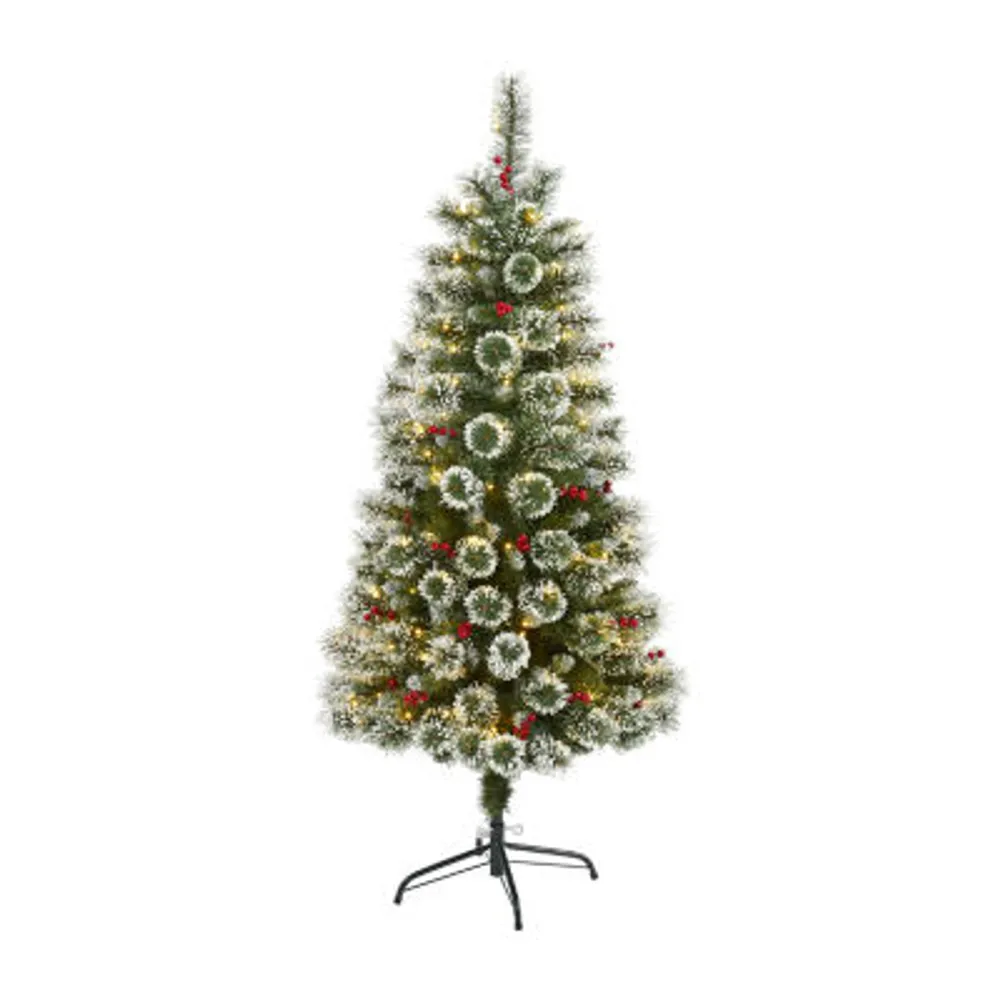 Nearly Natural 5 Foot Flocked Frosted Swiss Pine With Berries And 200 Clear Led Lights Pre-Lit Artificial Christmas Tree