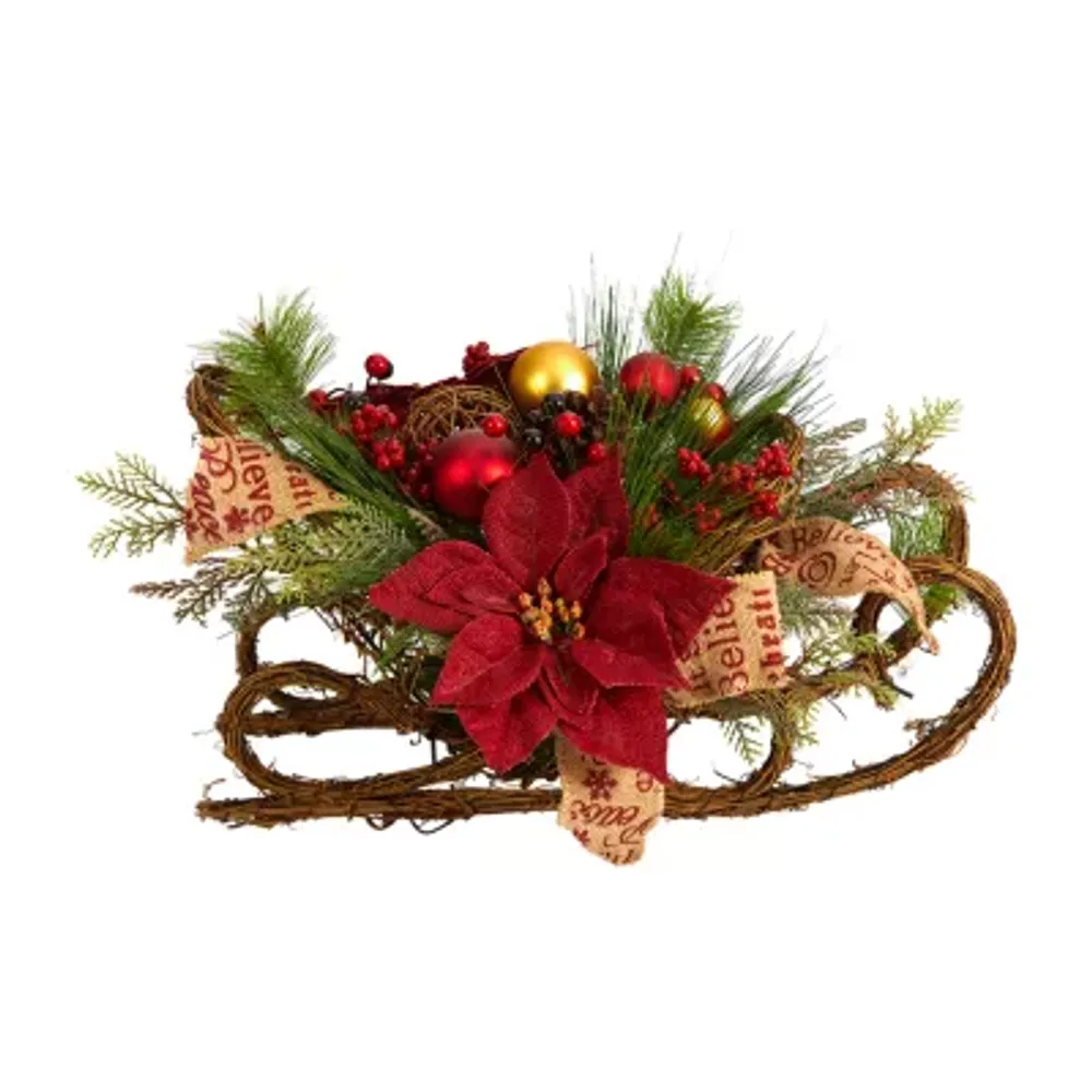 Nearly Natural Poinsettia Sleigh Tabletop Decor