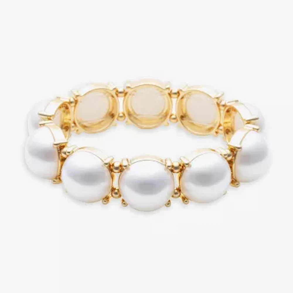 Bold Elements Womens White Simulated Pearl Round Stretch Bracelet