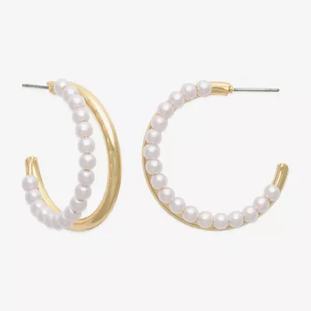 Bold Elements Gold Tone Womens Simulated Pearl 36.9mm Hoop Earrings
